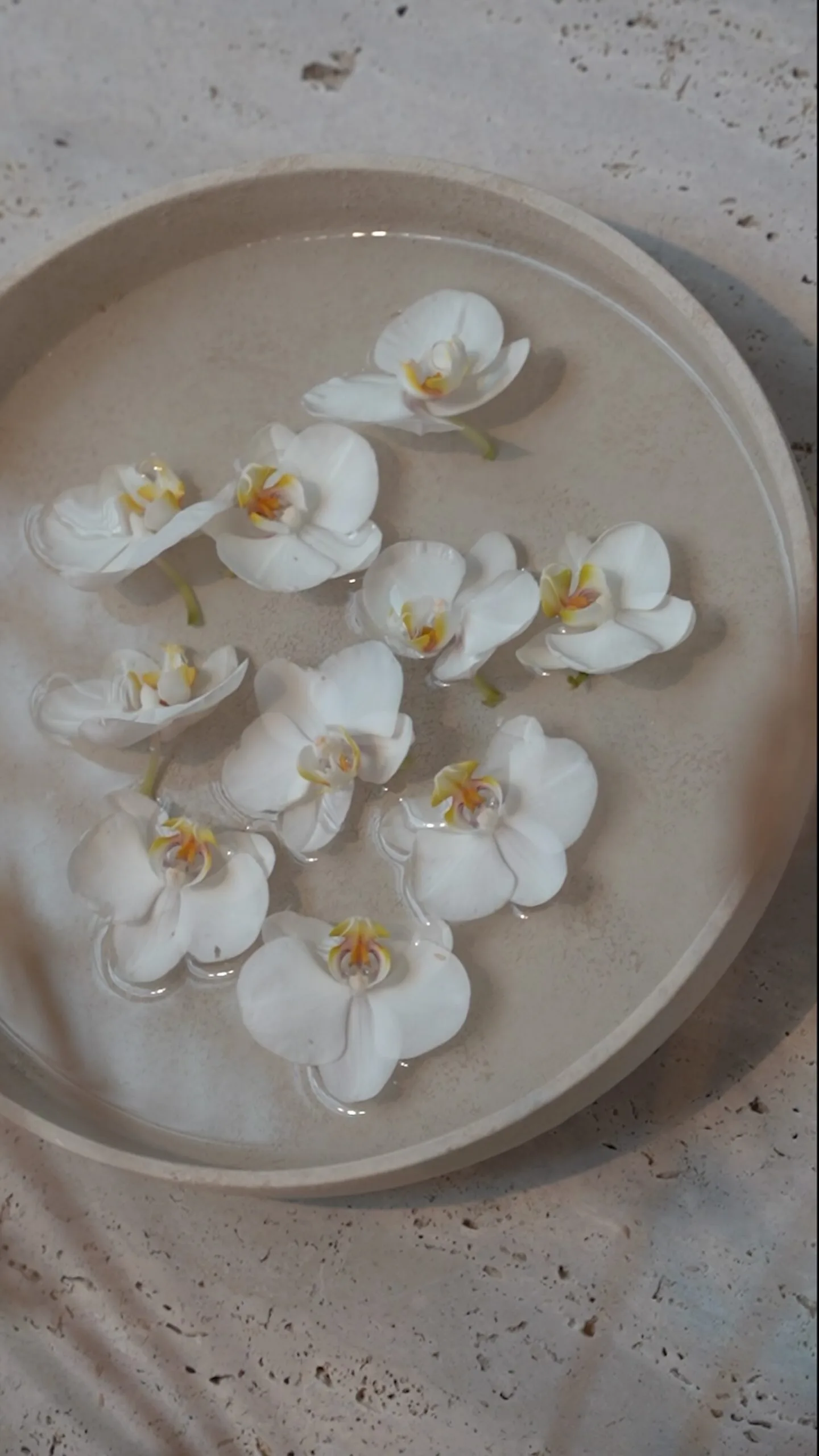 Close-up of white orchid flowers floating in a beige Bola bowl filled with water.