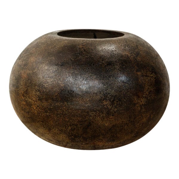 Wide, low-profile Imka vase in a weathered bronze finish with a smooth, rounded shape.