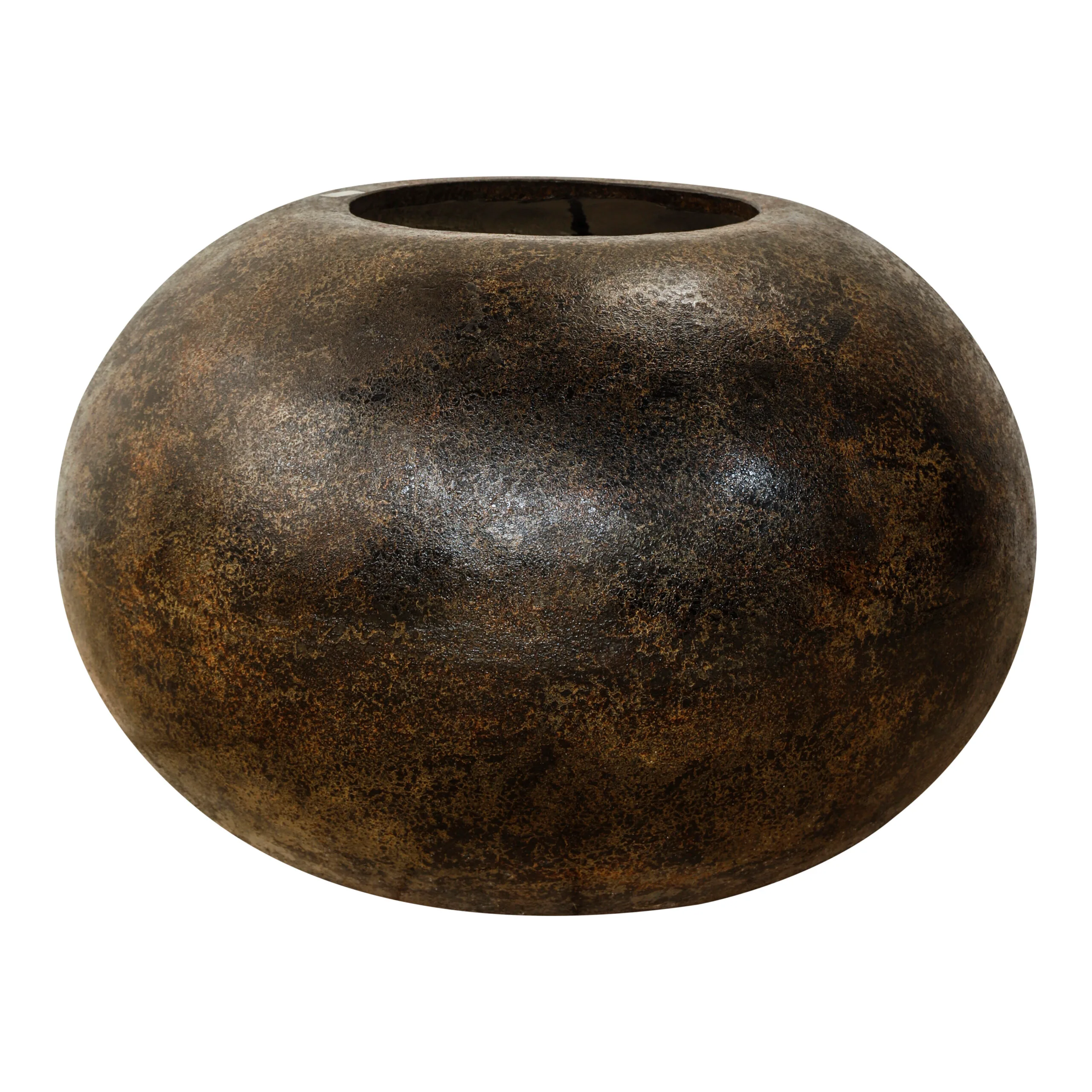 Wide, low-profile Imka vase in a weathered bronze finish with a smooth, rounded shape.