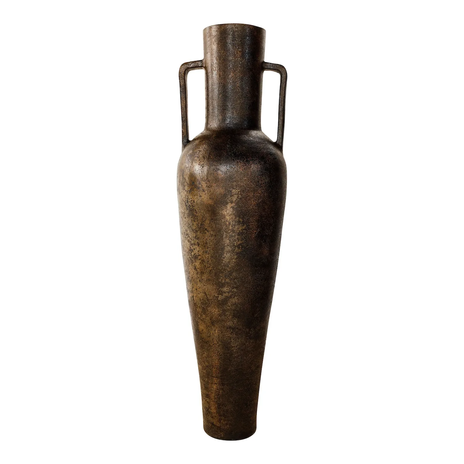 Antique-style Vorera vase with a tall, narrow silhouette and two handles in a rustic bronze finish.