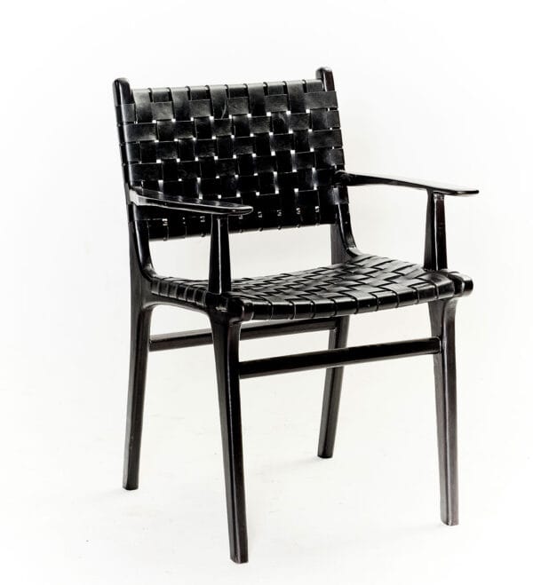 Bohema armchair with black wooden frame and woven leather seat and backrest.