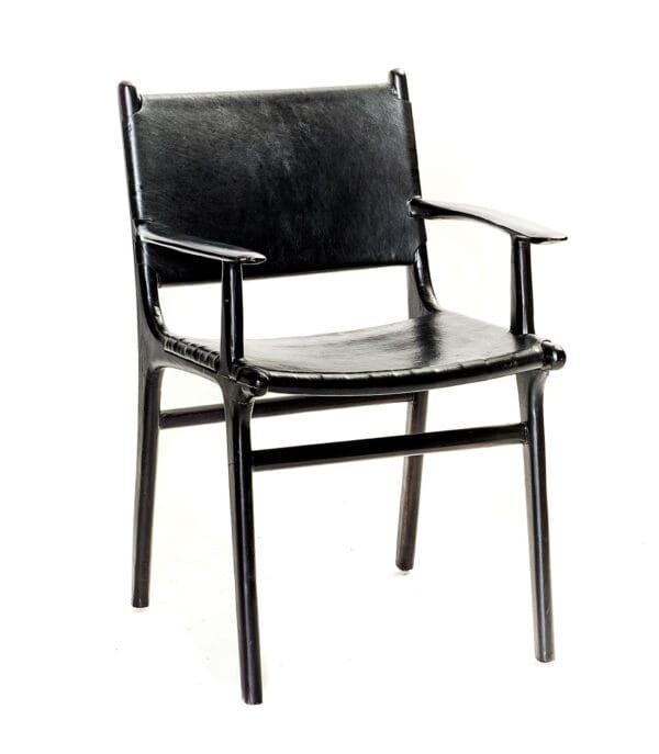 Bohema armchair with full black leather seat and back, wooden frame.