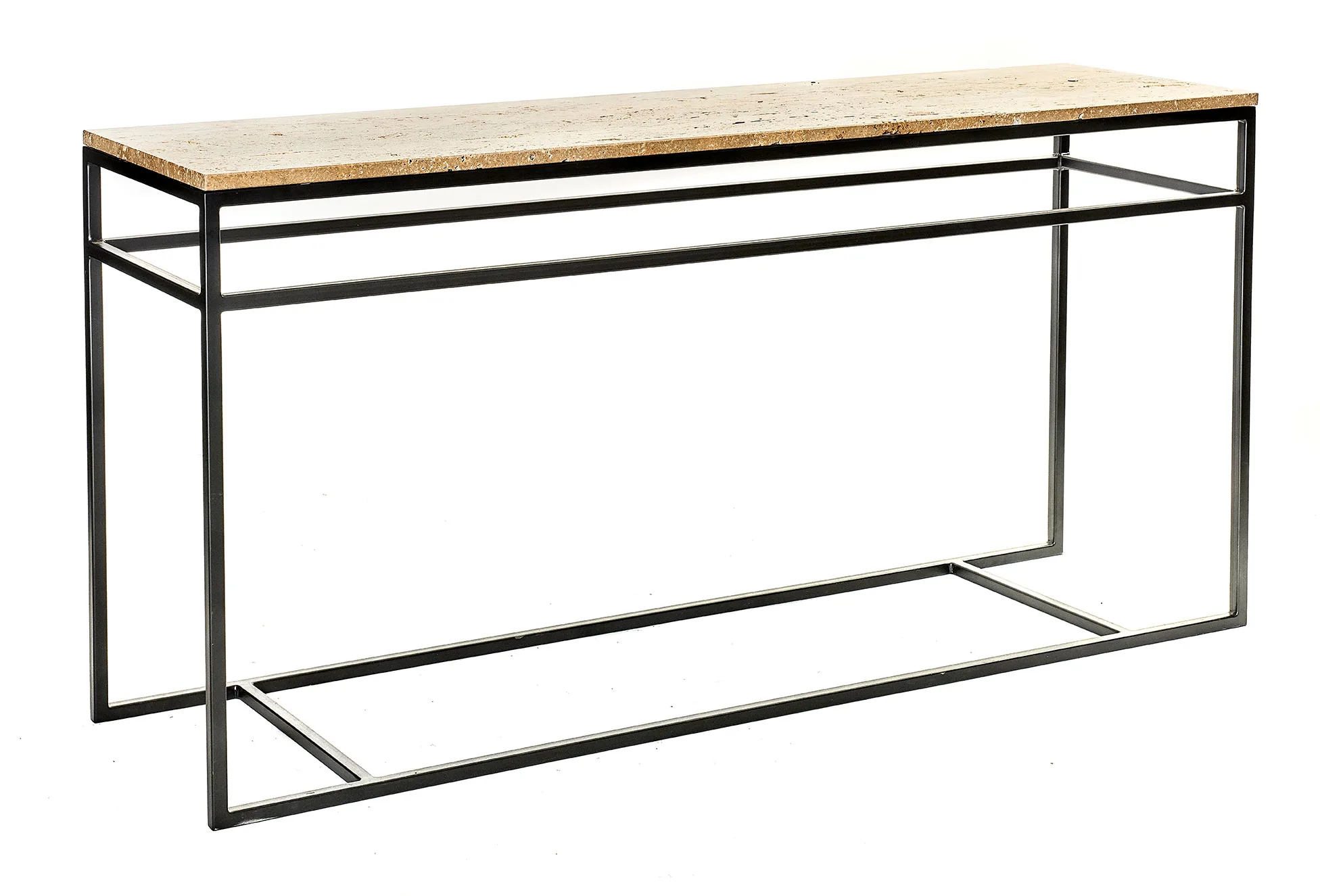 Minimalist console table with a travertine top and black metal frame against a white background.