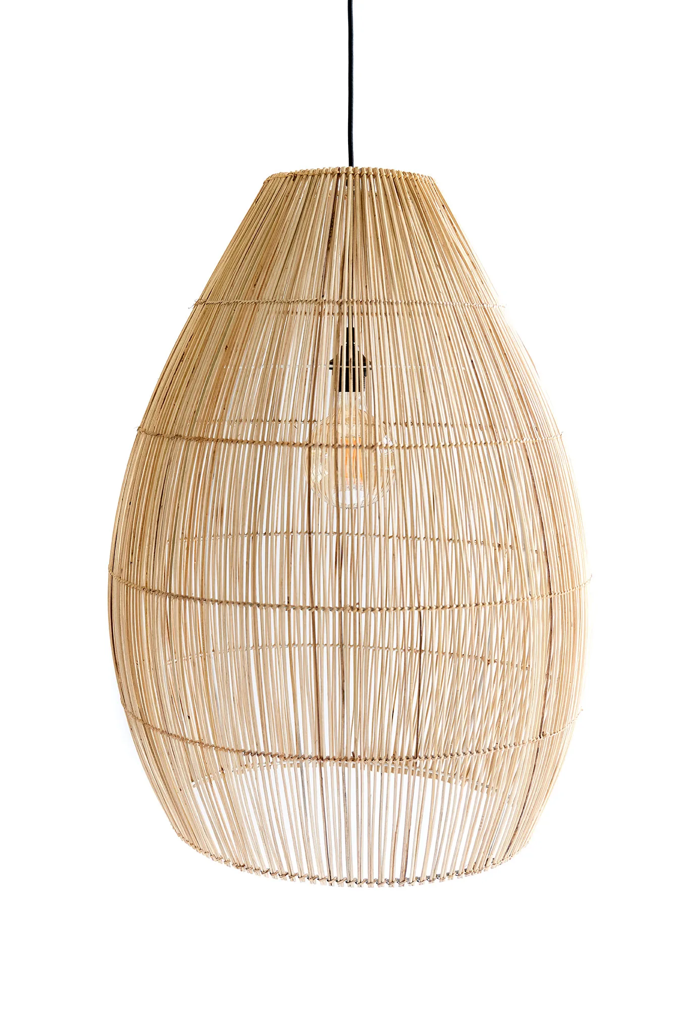 Figura Elips pendant lamp in natural rattan with an elongated, egg-shaped form and open weave.