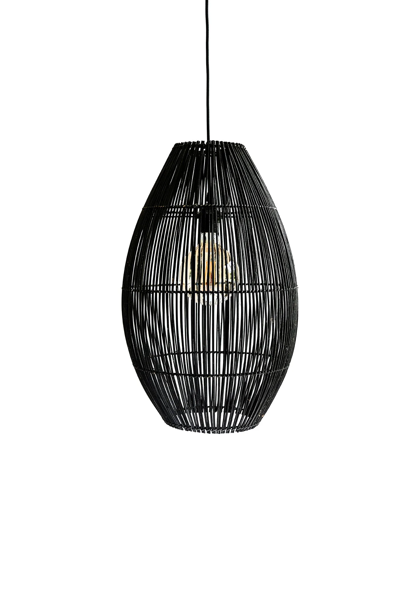 Figura Elips hanging lamp in black rattan, featuring a tall, oval shape and central exposed bulb.