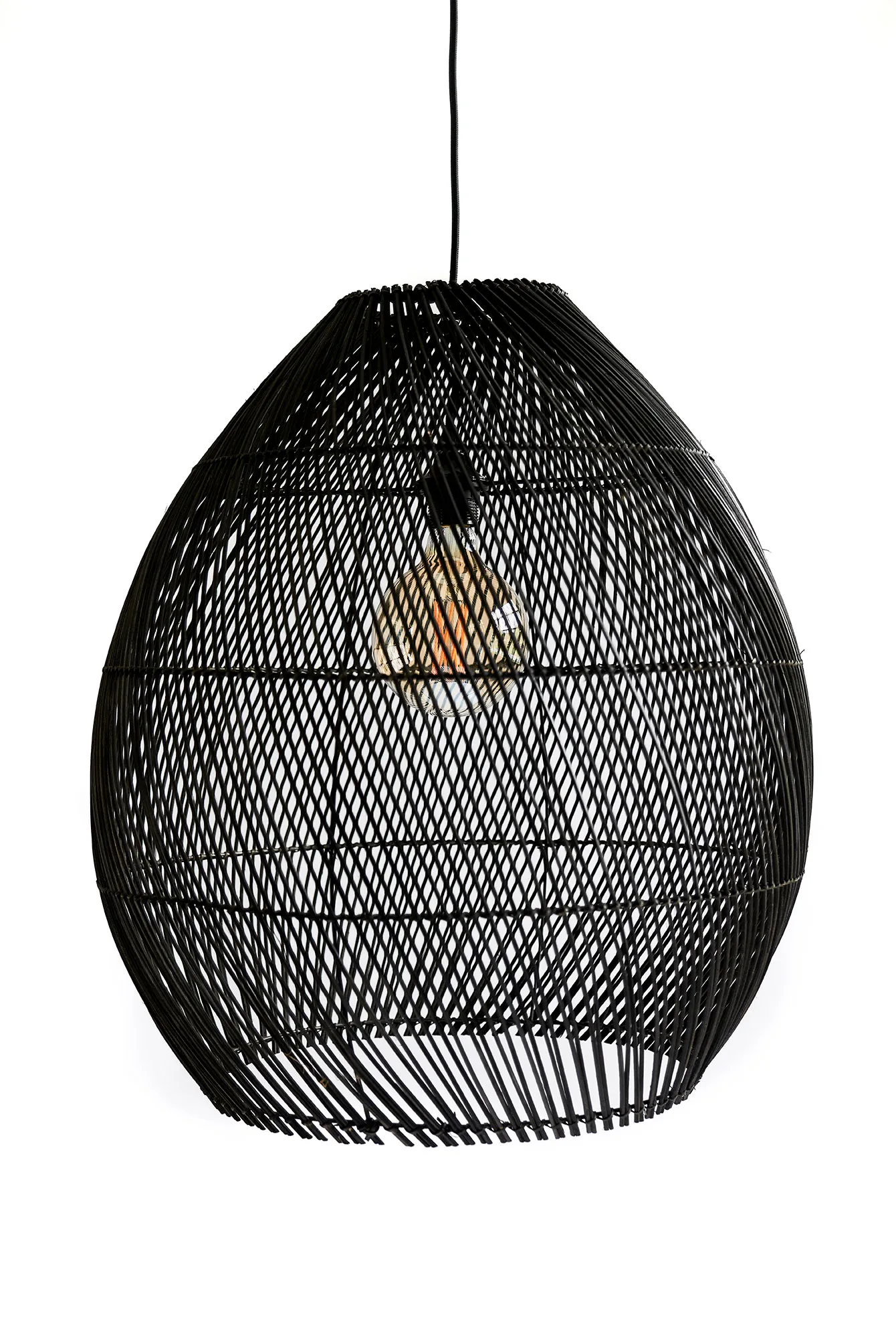 Figura Round ceiling lamp in black rattan with a spherical design and dense crisscross pattern.
