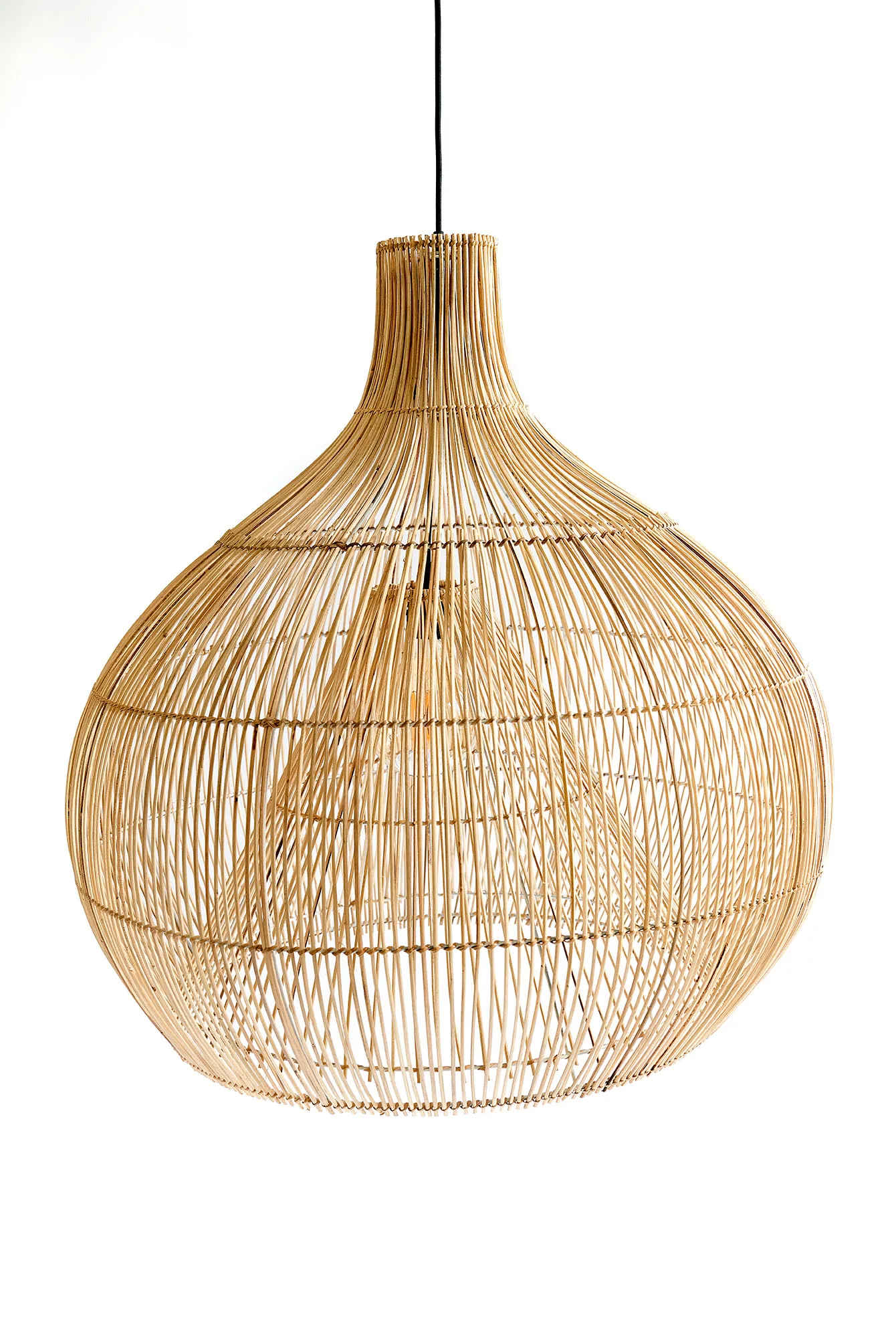 Figura UI pendant light in natural rattan with a bulbous, bottle-like silhouette and vertical weaving.