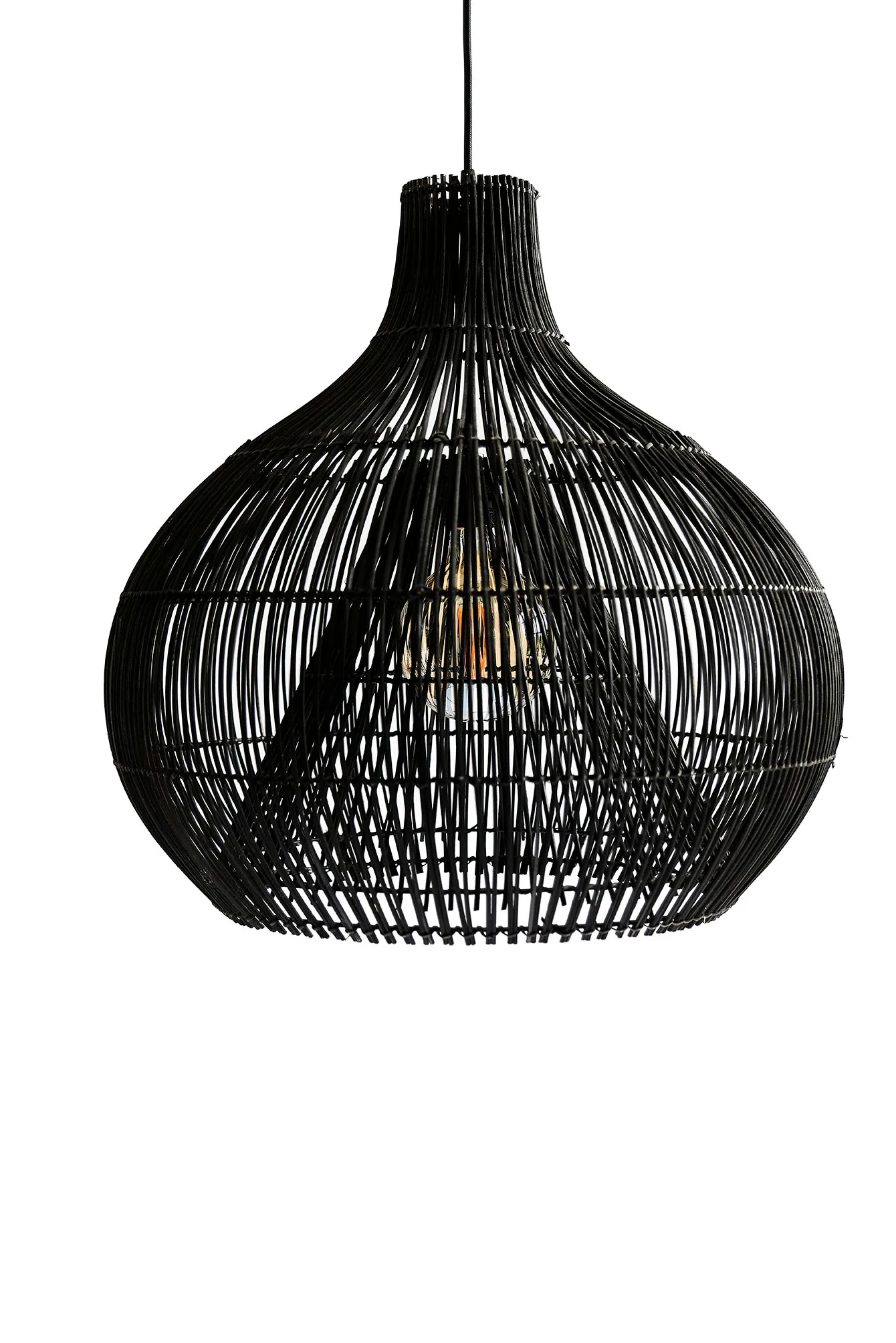 Figura UI pendant light in black rattan, showcasing a wide round base and a narrow neck.