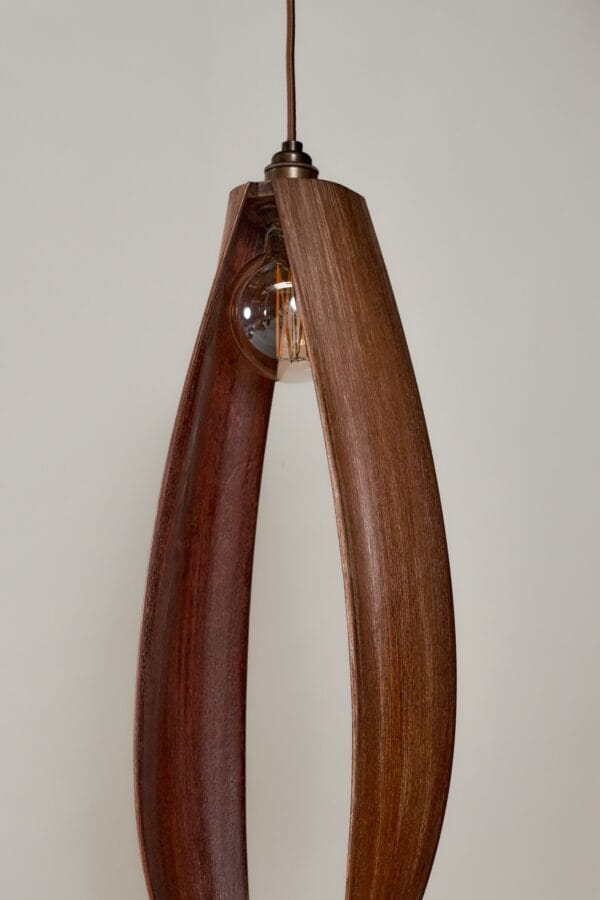 Petal ceiling light in dark wood finish with an exposed bulb suspended from a cord.