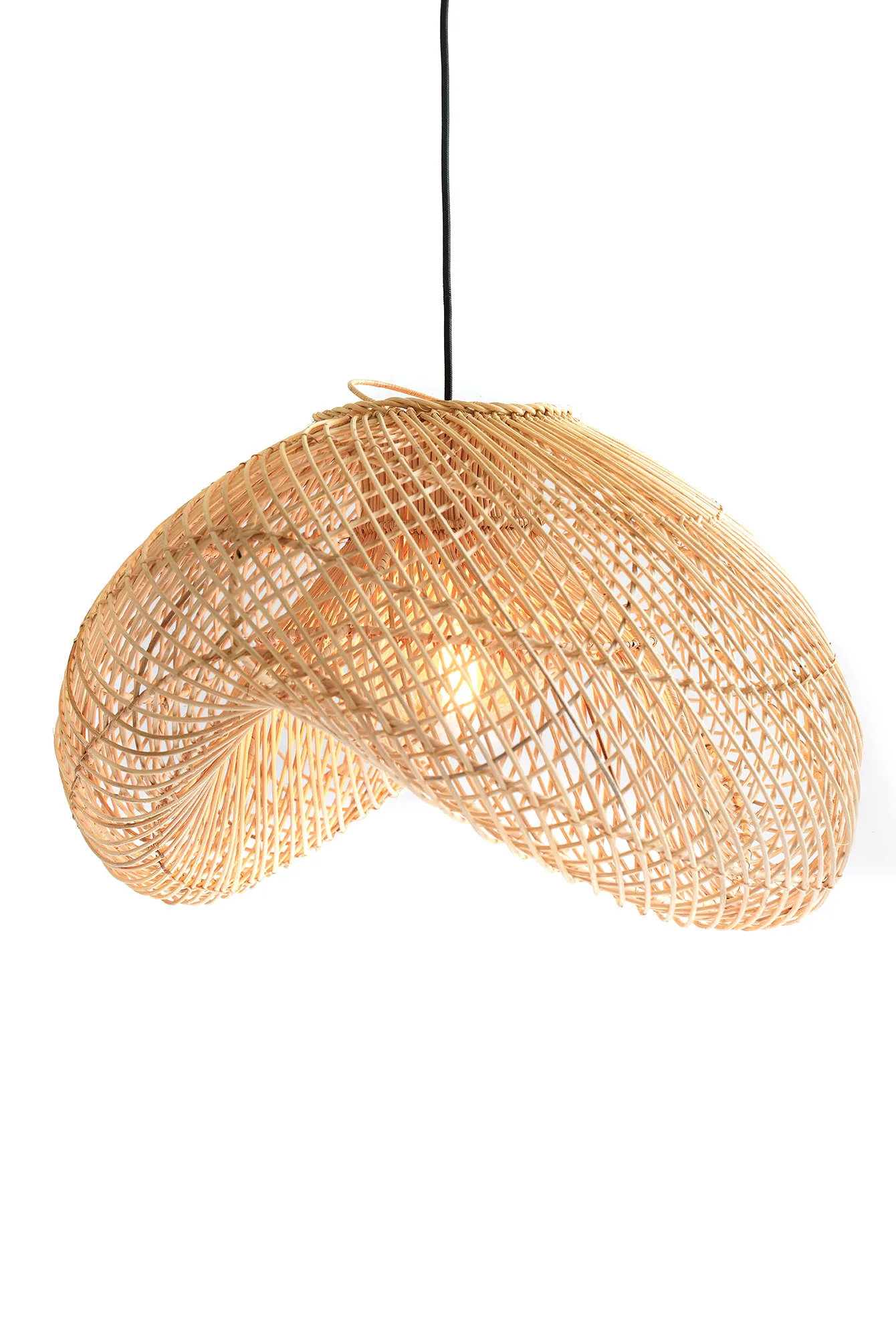Curved bamboo basket ceiling light with organic shape, suspended from a black cord against white background.