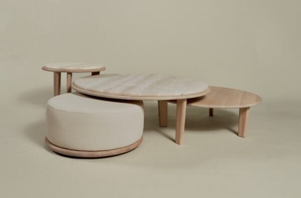 Complete Miller Coffee Table Set featuring travertine and wooden tops, paired with a beige pouf.