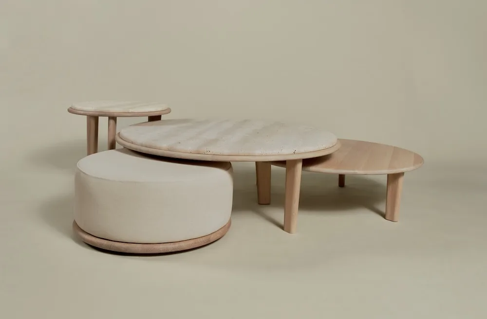 Complete Miller Coffee Table Set featuring travertine and wooden tops, paired with a beige pouf.